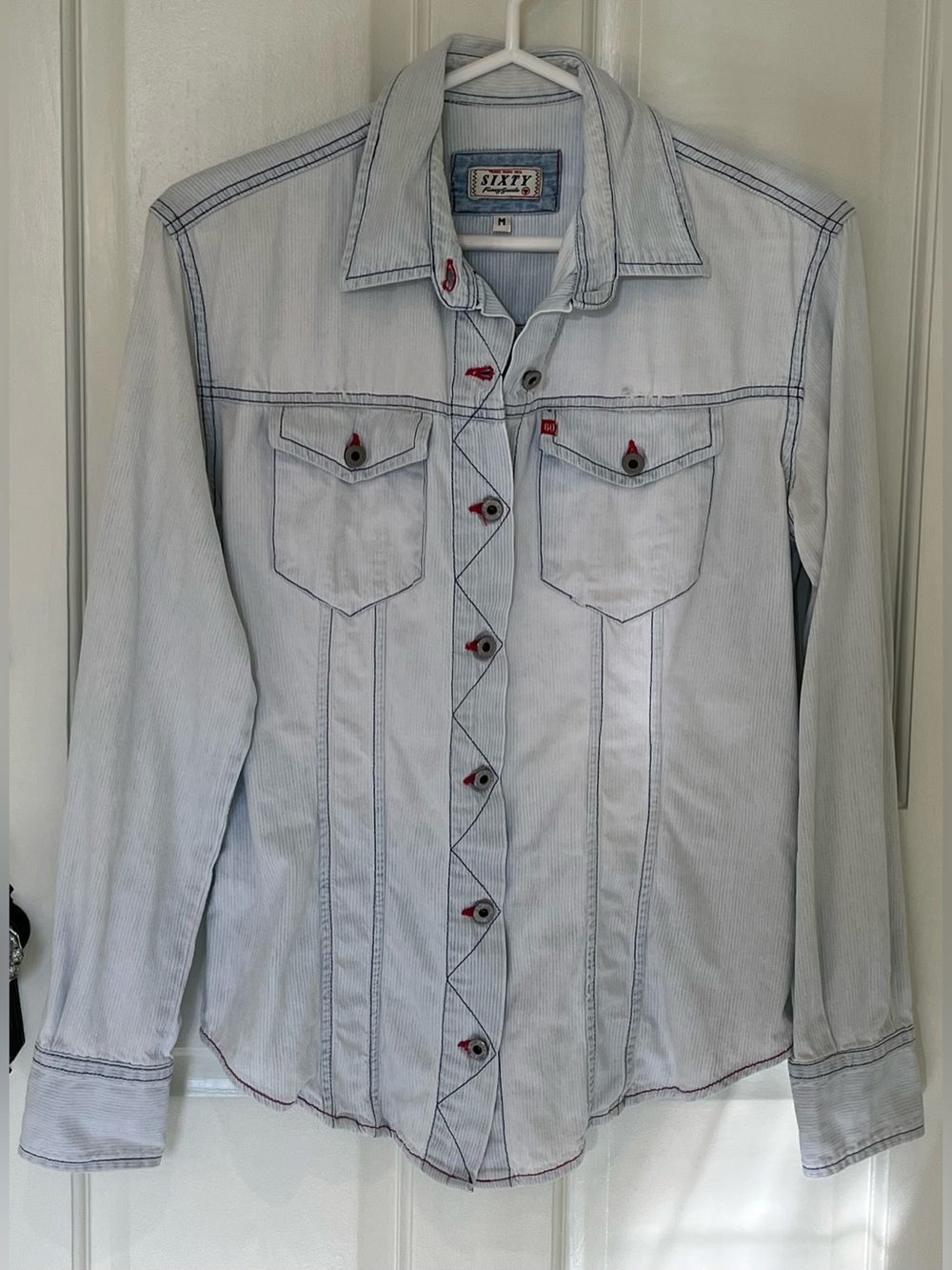 Vintage Miss Sixty light blue stripe, fitted denim western shirt/jacket. Size M